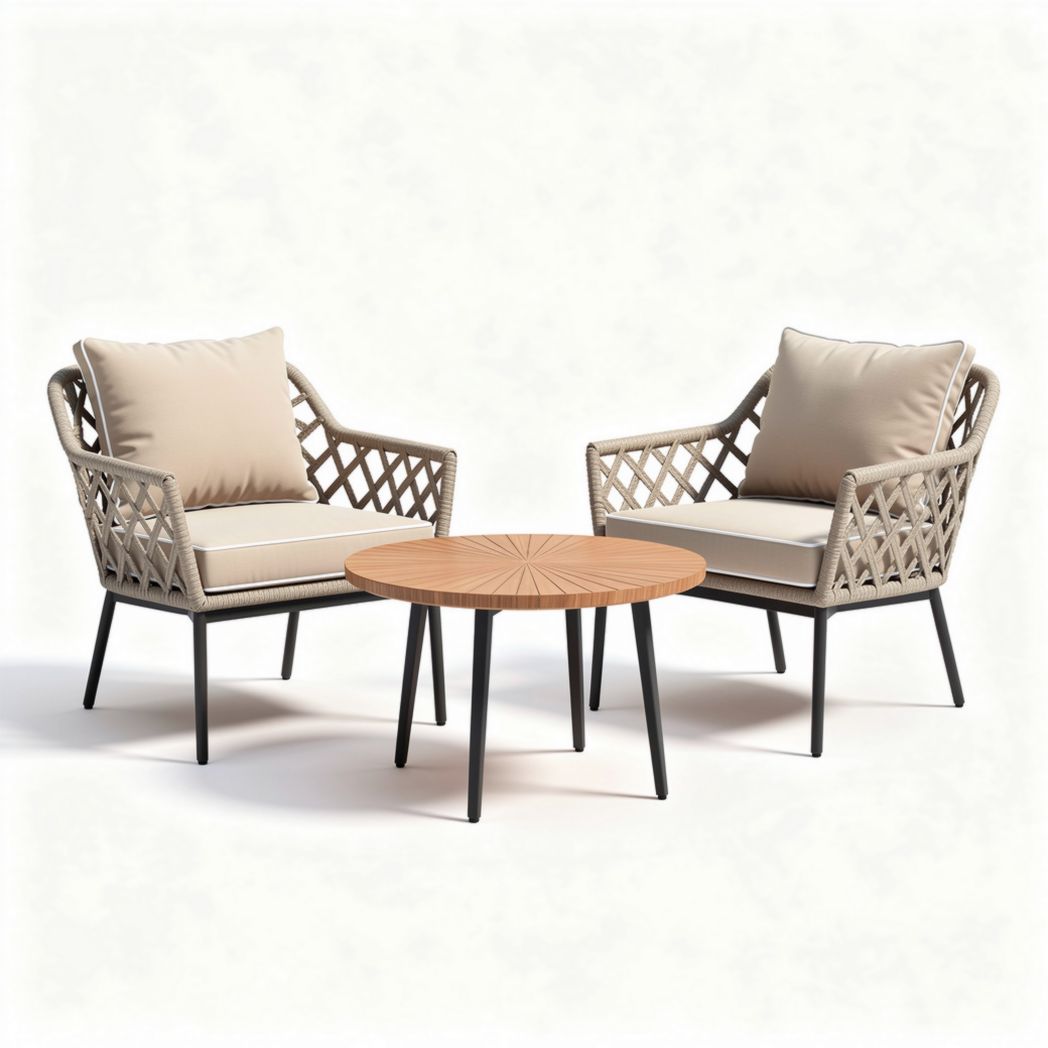 Ensemble de salon de jardin en acier et résine tressée couleur beige avec table de 70 x 70 x 80cm