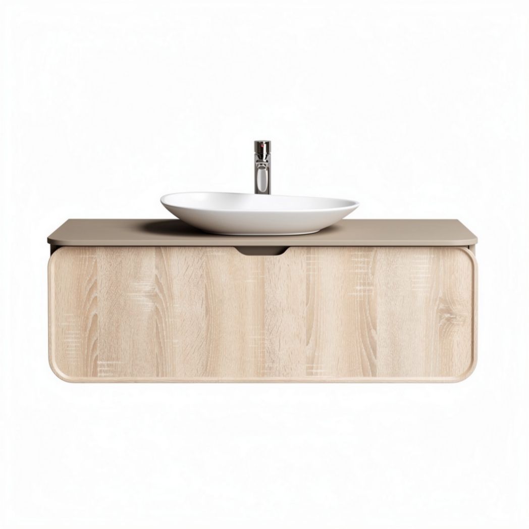 Meuble vasque suspendu en bois clair avec lavabo en céramique 120 x 50 x 15cm