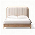 lit double en bois clair avec tête de lit rembourrée en tissu beige 200 x 160 x 100cm