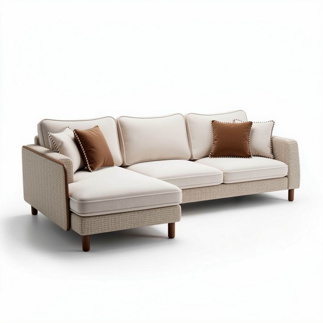 Canapé d'angle en tissu beige avec coussins marron dimensions 250 x 200 x 90cm
