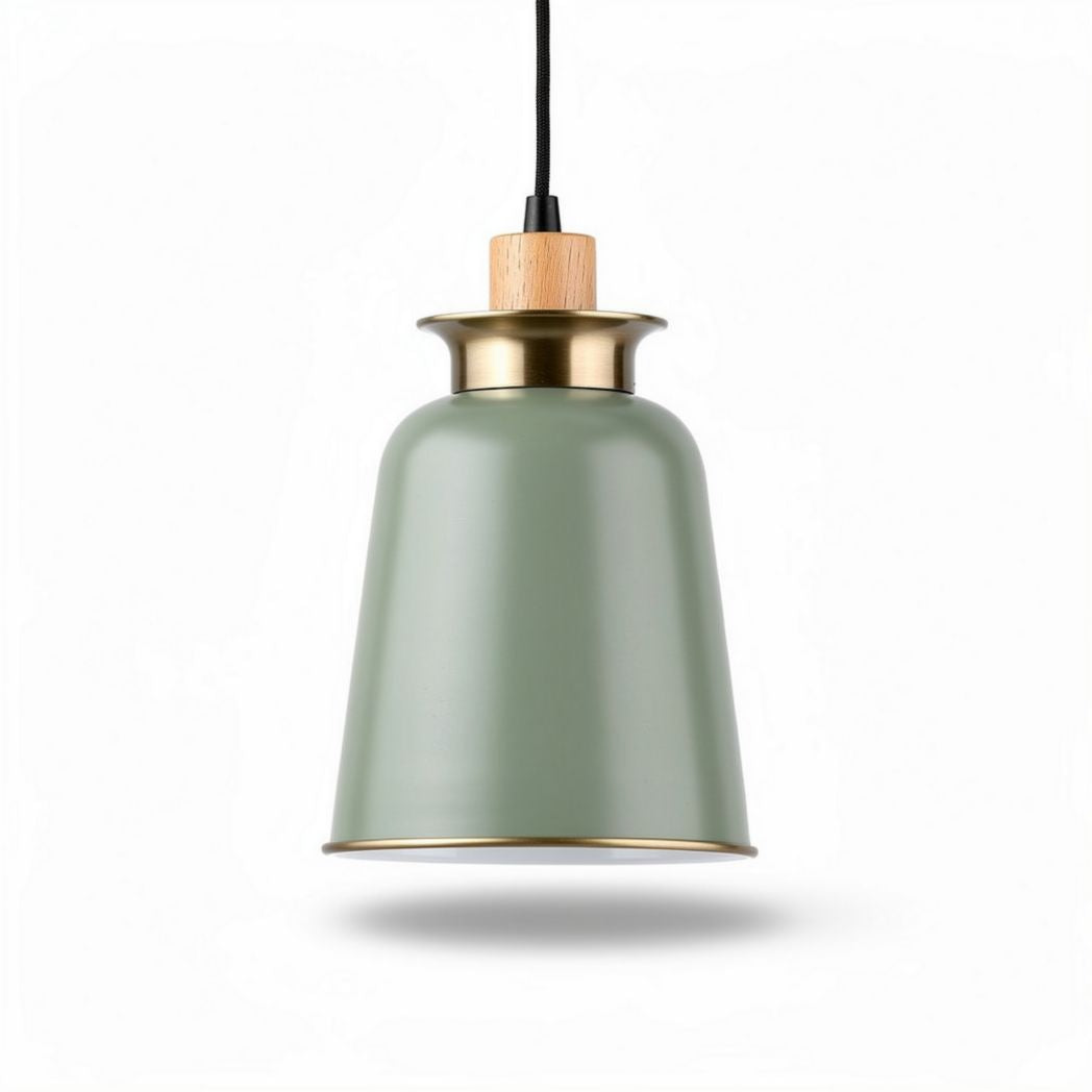 Lampe suspendue en métal vert avec détails en bois et dimensions 15 x 15 x 25cm