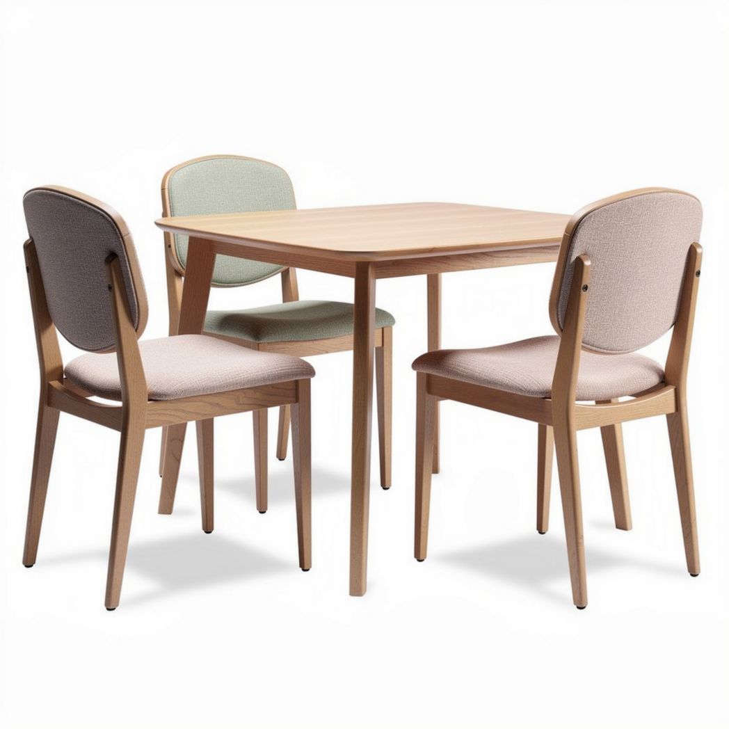 Table à manger en bois de hêtre avec quatre chaises rembourrées 80 x 80 x 75cm